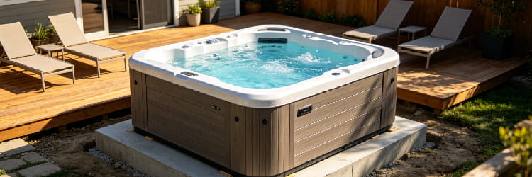 1781766742773126.png Contemporary white and wood-paneled spa installed on a spacious outdoor wooden deck, surrounded by comfortable sun loungers for relaxation..png