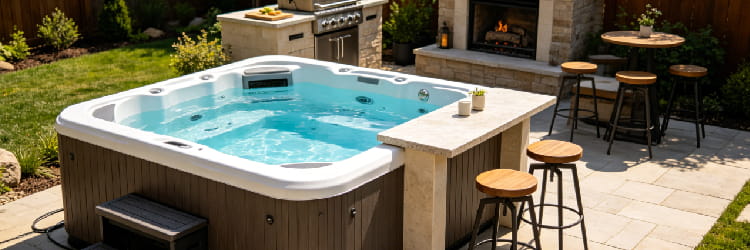 1781766762527331.png Luxury backyard entertainment setup featuring a modern hot tub, an outdoor kitchen with a grill, bar stools, and a cozy stone fireplace..png