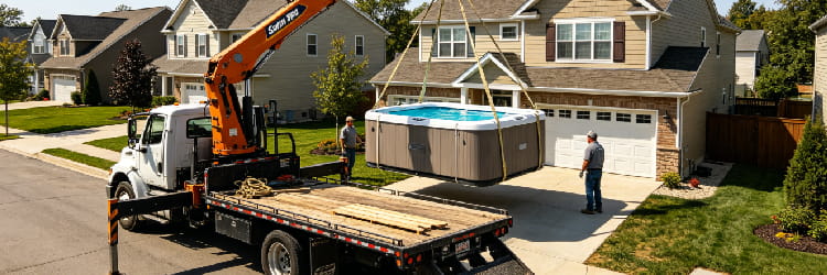 1781766764551699.png Professional hot tub delivery service using a crane truck to safely install a new luxury spa on a suburban home driveway..png