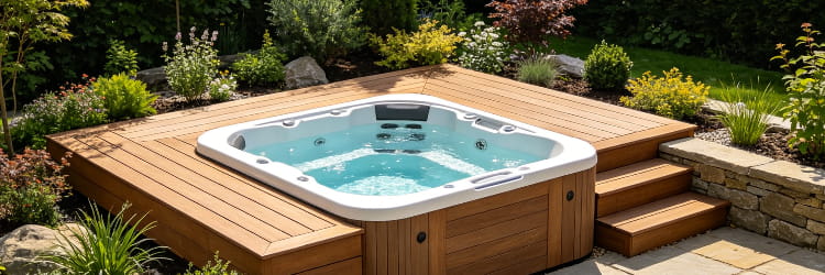 1783061674901997.png alt=Hot tub integrated into a raised wooden deck surrounded by garden plants and stone retaining wall.png