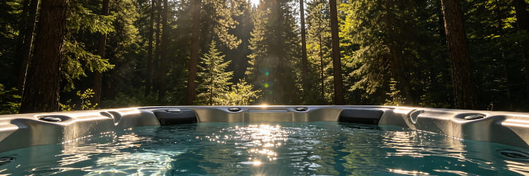 1783061684339960.png alt=Hot tub viewed from water level in a forest setting with sunlight streaming through tall pine trees.png