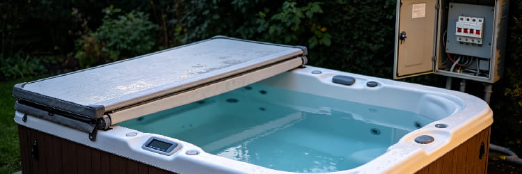 1783653188996152.png Hot tub with cover lift and outdoor electrical panel nearby.png